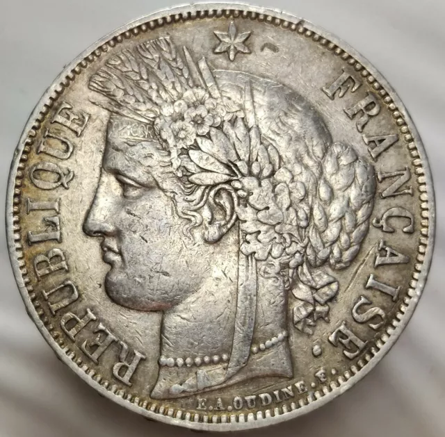 Rare 1870 A France Large Silver 5 Franc- Ceres Head Crown Sized Silver-KM 819 6T