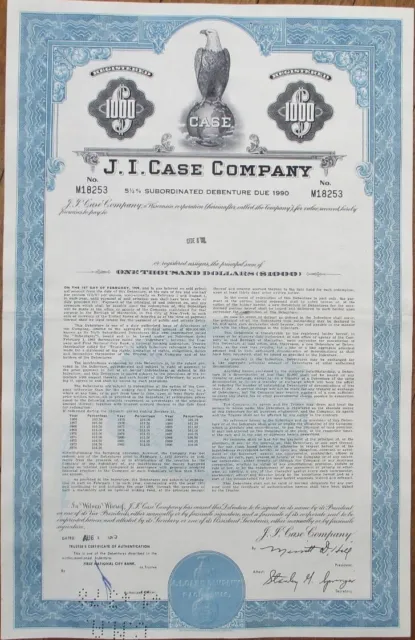 J. I. Case Company 1975 Bond Certificate, Agricultural Tractor, Racine, WI Stock
