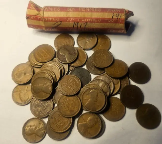 1917 Lincoln Wheat Penny Roll 50 Coins Avg Circ Copper  (WE COMBINE SHIPPING)