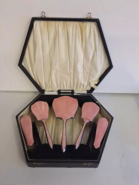 Art Deco Silver Plated Pink Enamel Cased Five Piece Brush & Mirror Set In Case