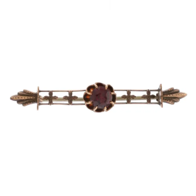 Yellow Gold Garnet Victorian Solitaire Bar Brooch - 10k Antique Floral Cross Pin