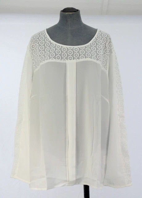 Camicia Damart Top Pizzo Bianco Manica Lunga Rilassata Fluente Ecru Trasparente UK 24