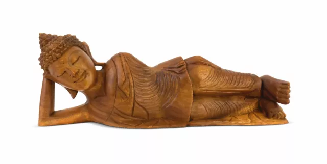 Wooden Hand Carved Serene Reclining Lying Buddha Statue Sculpture Figurine Decor
