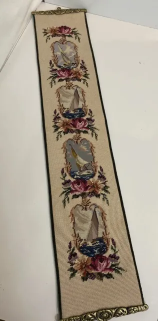 Vintage Tapestry Needlepoint  Wall Hanging B￼oat Floral 41” Brass Hardware