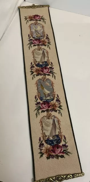 Vintage Tapestry Needlepoint  Wall Hanging B￼oat Floral 41” Brass Hardware