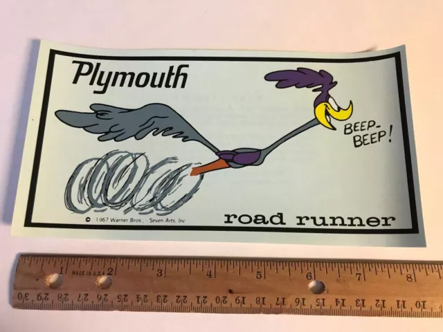 1967 Road Runner Beep Beep Plymouth Mopar Warner Bros rare 8" vtg Water Decal