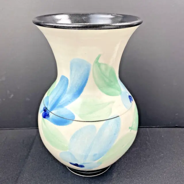 Vintage Australian Gamble's Pottery Blue Florals Hand Painted Vase Signed 19cm