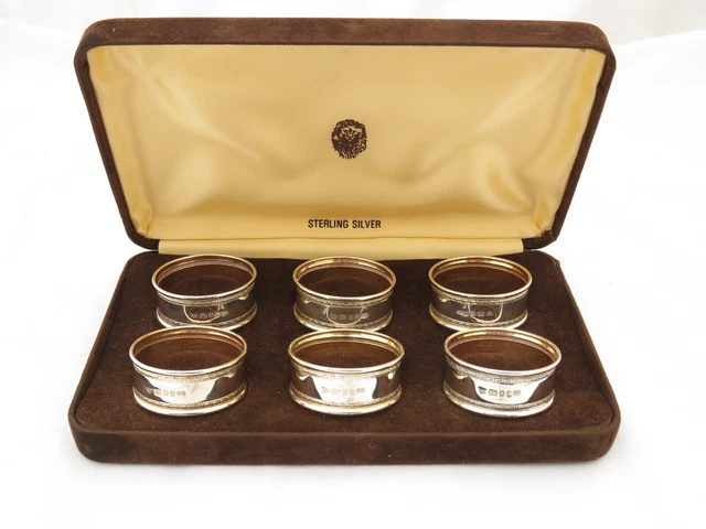 Cased Set Of 6 Solid Sterling Silver Napkin Rings London 1984 No Monograms