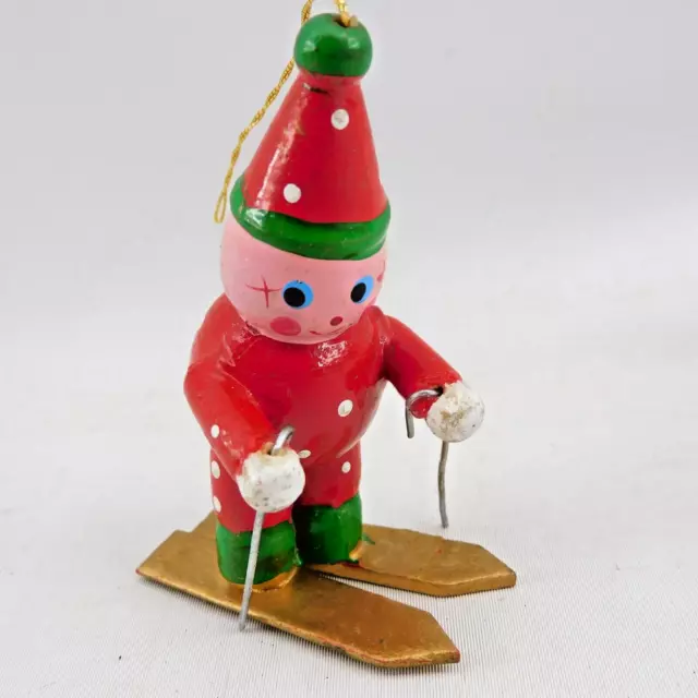 Vintage Wooden Skier Christmas Ornament 2-3/4" H Red w Poles and Gold Skis (P-2)