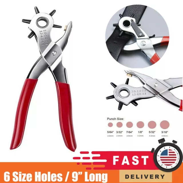 9" Leather Hole Punch Hand Pliers Belt Holes 6 Sized Puncher Heavy Duty Tool
