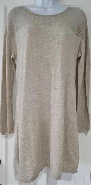 Eileen Fisher Damen-Pullover beige Haferflocken reine Wolle fein gestrickte Tunika Kleid M.