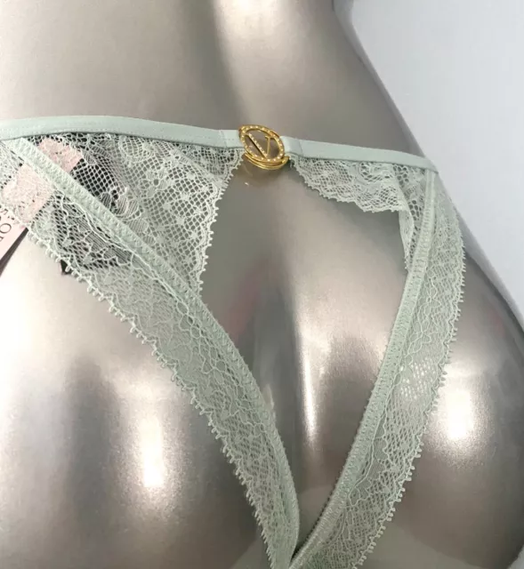 Victorias Secret Nwt Very Sexy Hazy Mint Lace Gold V Open Back String Panty