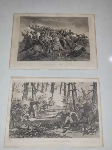 orig. engravings O Pelton Cavalry Charge and E Ferris Battle of the Wilderness