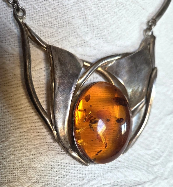Collier Ancien En Argent Massif 925 Et Ambre - Poids 21 Gr - Occasion Vintage