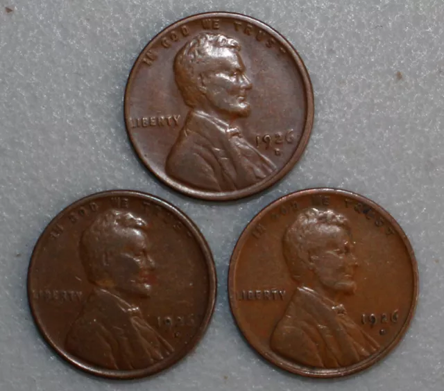 3 Coin Lot 1926 D Lincoln Wheat Cent Coins 1c US Pennies Very Fine Circulated