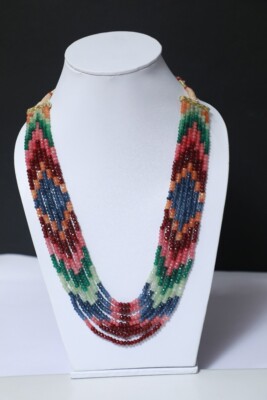 Naturel Multi Saphir Rond Perlé Collier 7 Strand 40.6cm 3.5 MM 