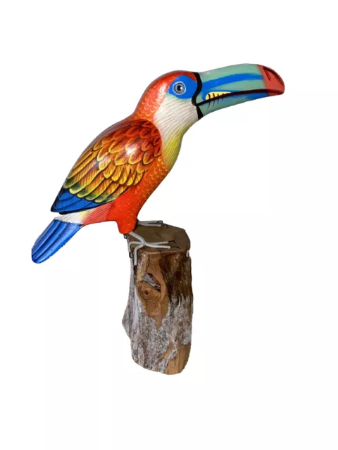 Toucan On Driftwood Base  Hand Carved Wood Tropical Sculpture Bird Decor Tiki