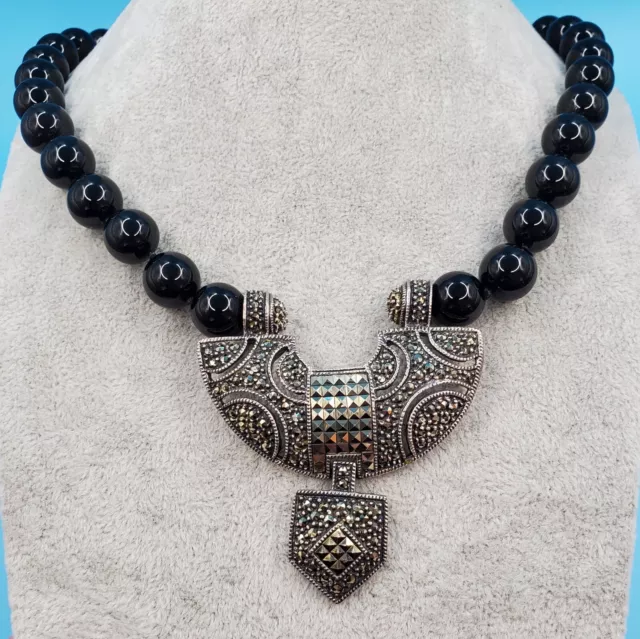 Stunning! Judith Jack Ster.  Silver Marcasite Art Deco Style Black Onyx Necklace