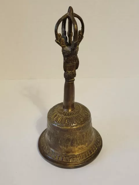 Vintage Heavy Ornate Decorative Brass Bell with Face on Crown Handle