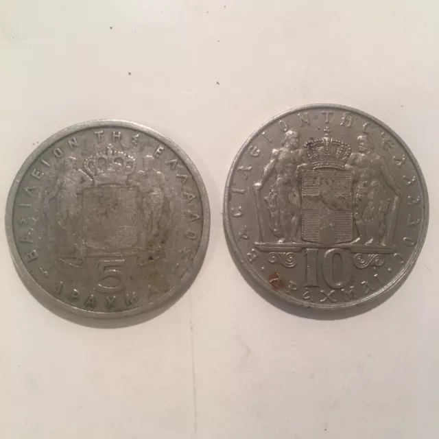 2  coins Greece Greek 5 dracm 1954 & 10 dracm 1968 konstantinos & Pavlos king