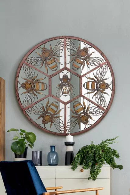 MirrorOutlet Large Rustic Round Bumble Bee Metal Wall Mirror - 32"x32" 80 x 80cm