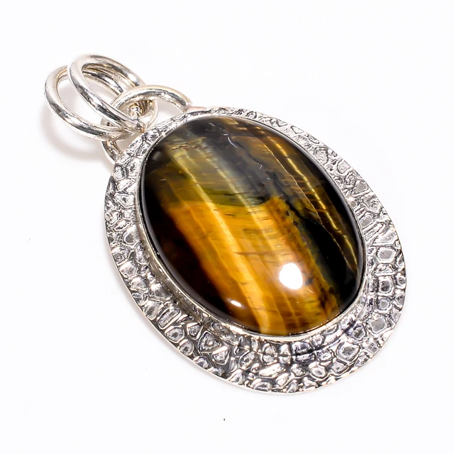 Tiger Eye Gemstone Vintage Handmade 925 Sterling Silver Pendant 2.1" GSR-3814
