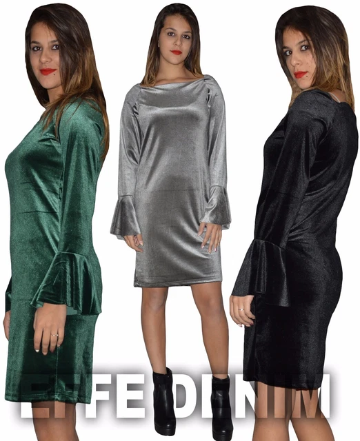 Vestito Donna Velluto Abito Manica Lunga Miniabito ciniglia Giromanica ruota 258