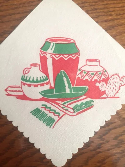 Vintage Americana Mexican Themed Bar Napkin Tissue 1950’s Cactus Sombrero