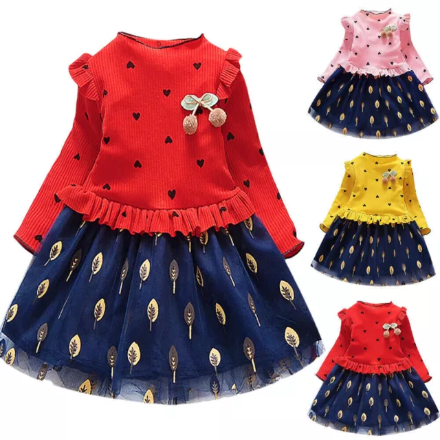 Kid's Girls Autumn Winter Jumper Dress Casual Party Long Sleeve Princess Dresses