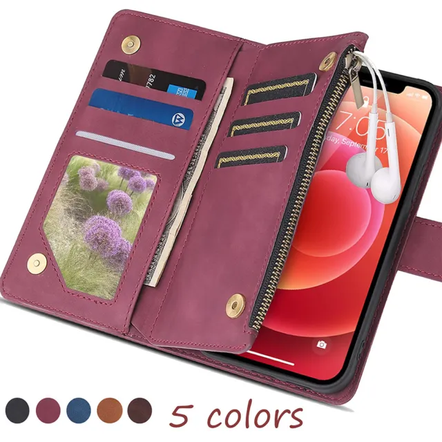 Zip Wallet Case Leather Flip Cover For iPhone 15 Pro 14 Pro Max 13 Pro 12 11 XR
