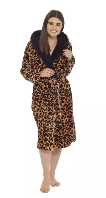 Women's Animal Print Hooded Robe Dressing Gown Bathrobe Plush Robes Gowns