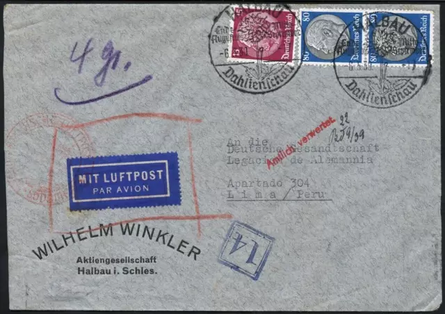 Dt. Reich 1939 Katapultpost Süd Brief Halbau Schlesien Lima Peru / 506