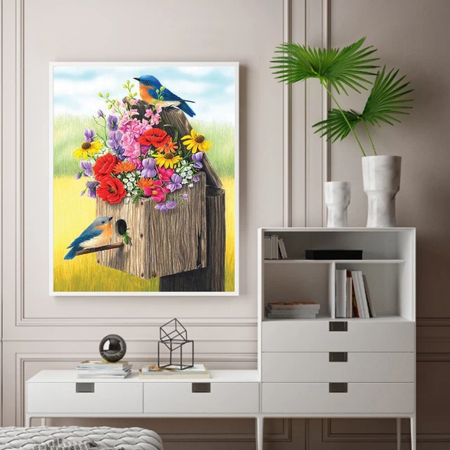 Blue Bird and Flower Oil Paint By Numbers Kit Frameless Drawing Picture
