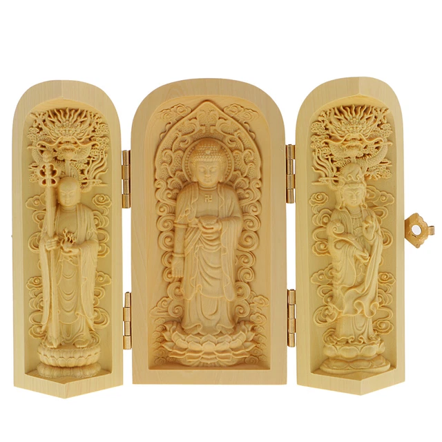 Boxwood Buddha Statue 3 Carved Guanyin  Wooden for Temple