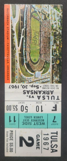 9/30/1967 Tulsa vs. Arkansas Football -- TICKET STUB