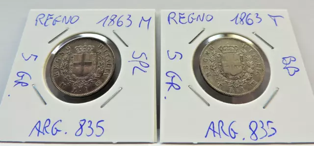 LOTTO 2 MONETE ARGENTO REGNO 1 LIRA 1863 "M e T" PESO 10 GR. DA BB A SPL