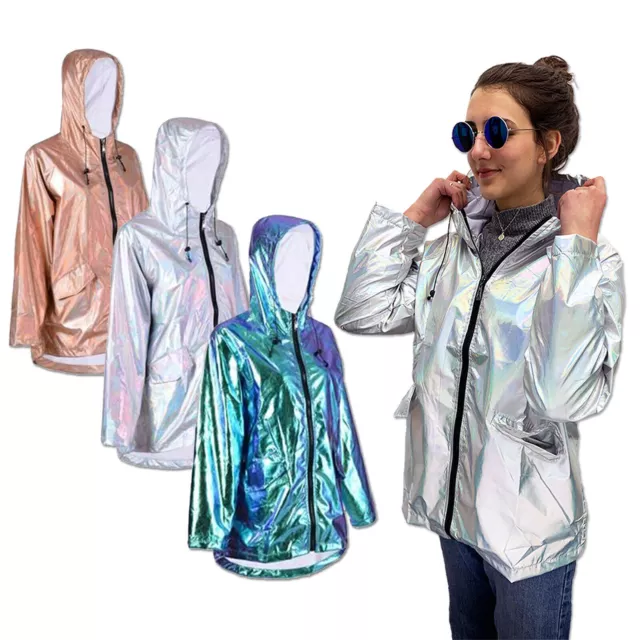 Festival Metallic Raincoat Jacket Holographic Hooded Mac showerproof Unisex