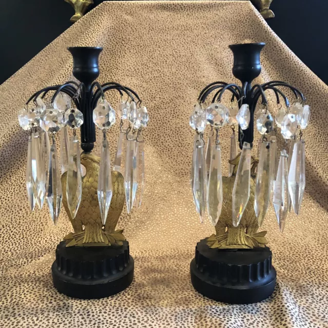 Pair of French Empire Metal Marble and Gilt Ormolu w/ Crystal Luster Candlestick