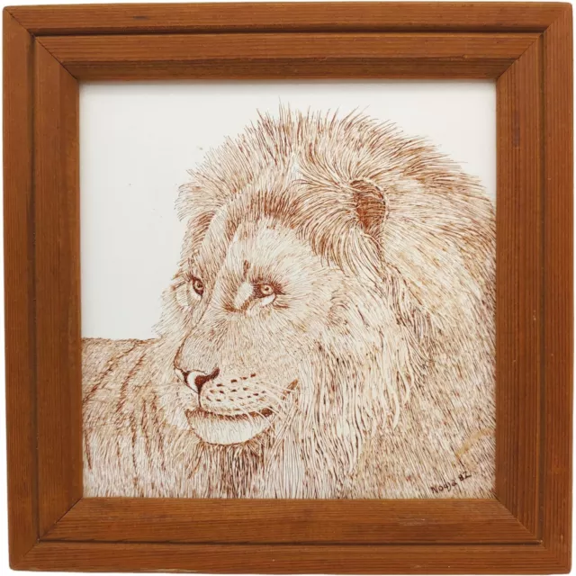 Hand Painted Realistic Lion Framed Art Tile - 7.5" vtg 80s Artist Signed Drawing