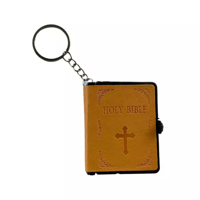 Mini Holy Bible Book Key Ring Tan Colour PU Leather Religious Church Novelty Gif