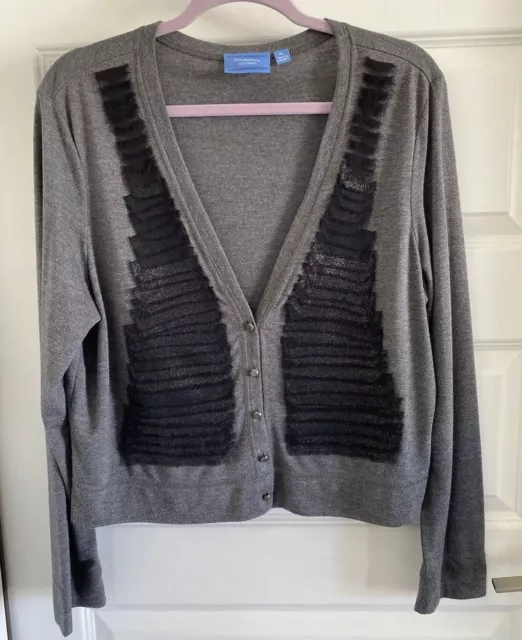 Simply Vera Wang Ruffle Gray/Black Light Weight Cardigan XL Button Sweater Top