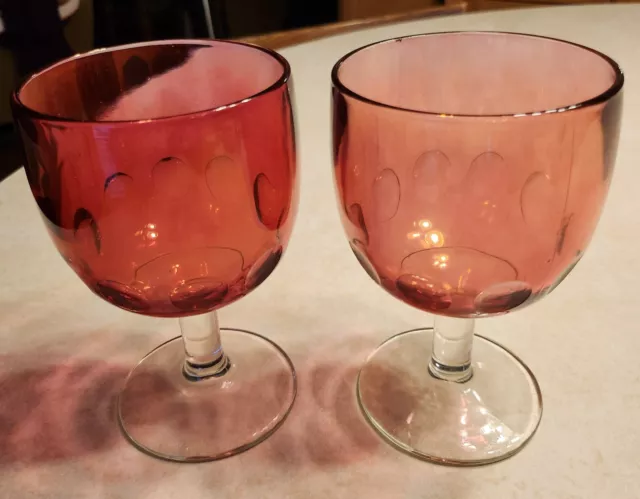 Vintage Set of 2 Red Bartlett Collins Cranberry Glass Thumbprint Goblets 12 oz 2