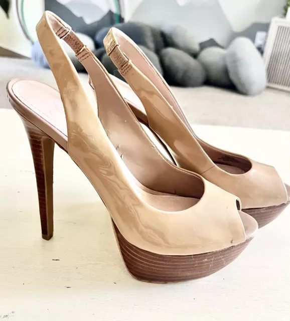 Jessica Simpson Nude Peep Toe Patent Leather Platform High Heel Shoes Size 7.5