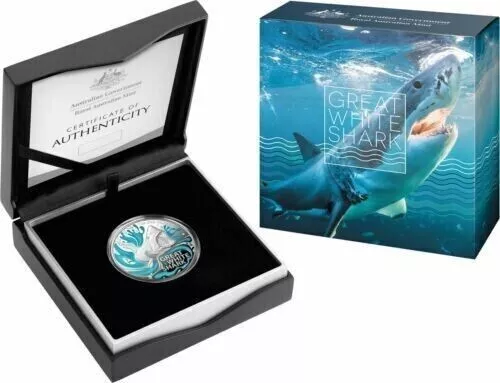 2022 $5 Great White Shark 1oz Coloured Silver Proof Coin