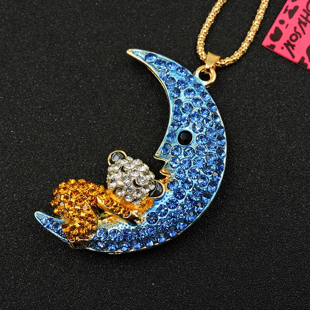New Blue Bling Rhinestone Moon Bear Pendant Betsey Johnson Chain Necklace 2