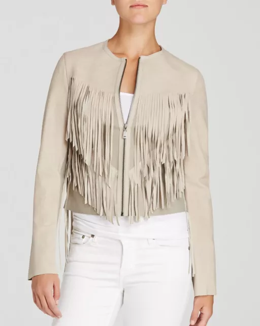 Elie Tahari Paulina Fringe Solid Beige Sand Leather Motorcycle Jacket Size Large