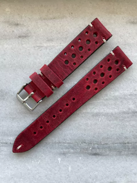 Montre bracelet cuir fait main hand made strap leather 18mm Rouge Rallye