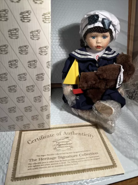 Heritage Signature Collection Sailor Doll w/ Teddy Bear & Sailboat W/BOX & COA
