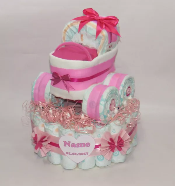 Windeltorte - Windeltorte mit Windelkinderwagen XL-Reifen - rosa - Geburt-Taufe