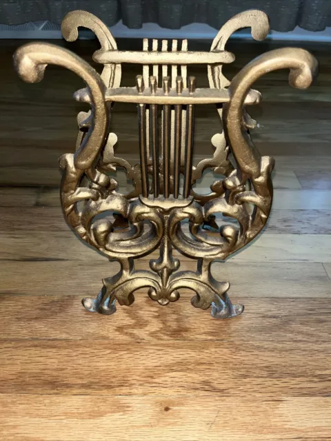 Vintage Cast Metal Lyre Harp Music Book Magazine Rack Stand Gold Tone Classical